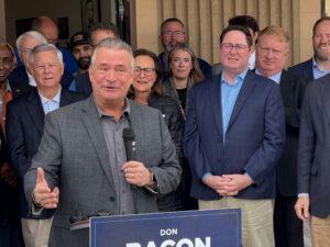 U.S. Rep. Don Bacon, R-Neb., addresses supporters outside of his west Omaha campaign office after claiming victory in 2024. (Aaron Sanderford/Nebraska Examiner)