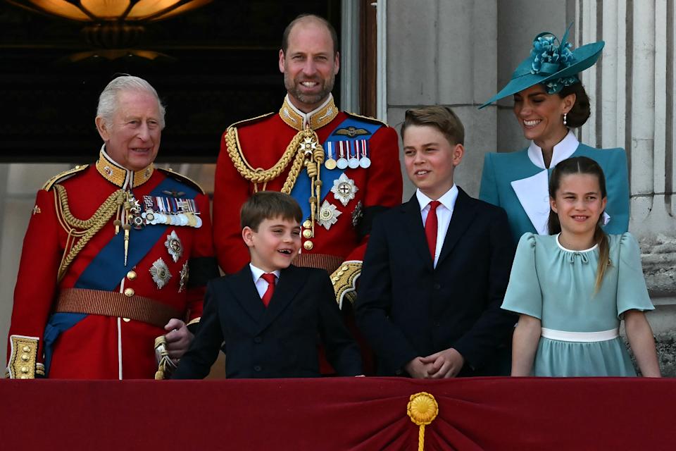 King Charles III, Prince William, Prince Louis, Prince George, Catherine, Princess of Wales and Princess Charlotte on the balcony of Buckingham Palace after attending the King's Birthday Parade in London on June 14, 2025.