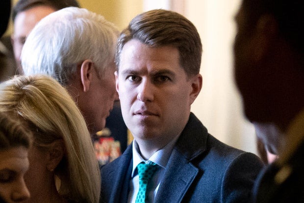 Homeland Security official Miles Taylor, center, departs after the Republican Caucus luncheon on Capitol Hill, March 5, 2019, in Washington. 