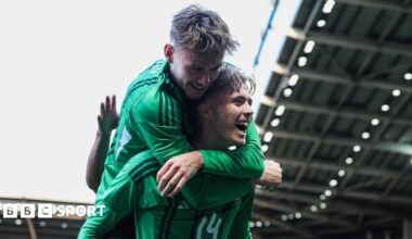 Conor BRadley and Isaac Price celebrate against Iceland