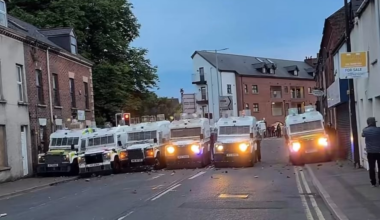 Rioter in Ballymena shot repeatedly with bean bag round while throwing missiles at police.