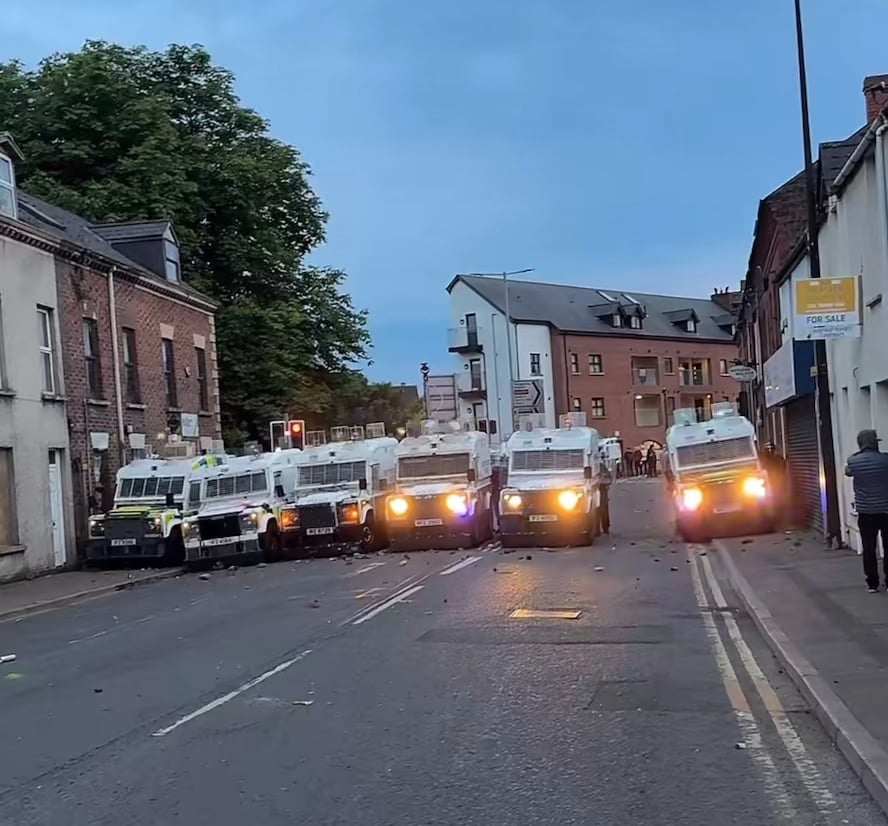 Rioter in Ballymena shot repeatedly with bean bag round while throwing missiles at police.