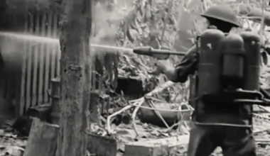 US M2-2 flamethrower in Australian 9th Division service sets a Japanese solider ablaze during the Battle of Labuan in June 1945
