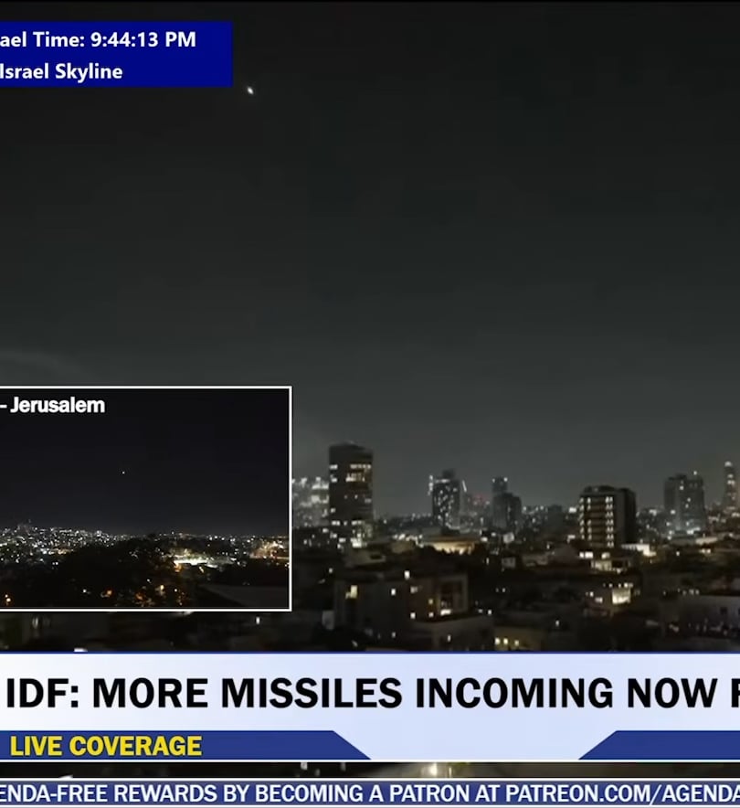 Iranian (hypersonic?) missile travels straight through last defence missile above Tel Aviv.