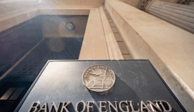 The signage outside the Bank of England viewed from below