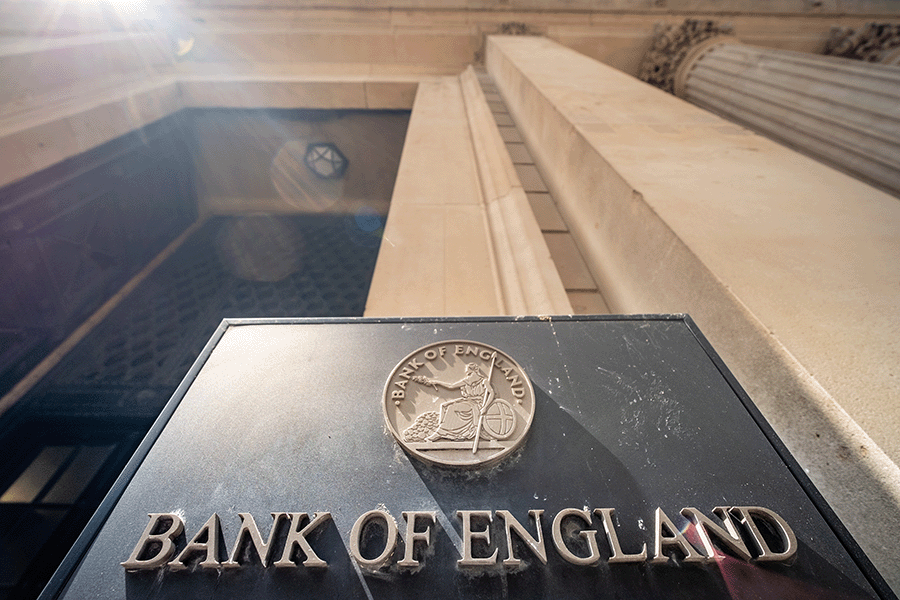 The signage outside the Bank of England viewed from below