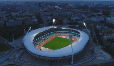 photo of Dinamo Minsk stadium with Belarus' capital city Minsk in the background