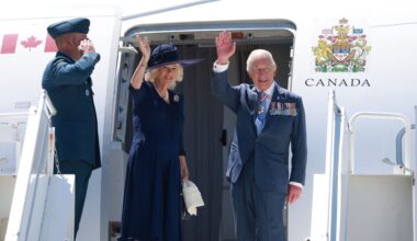 Queen Camilla and King Charles boarding a plane in Canada