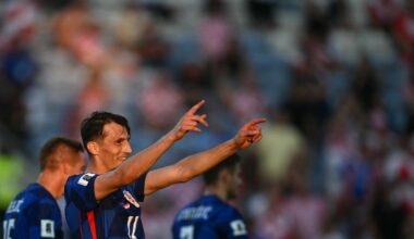 Croatias forward #11 Ante Budimir celebrates scoring his teams second goal during the 2026 World Cup Group L qualifier football match between Gibraltar and Croatia, at Algarve Stadium in Loule, Faro district, on June 6, 2025. (AFP Photo)