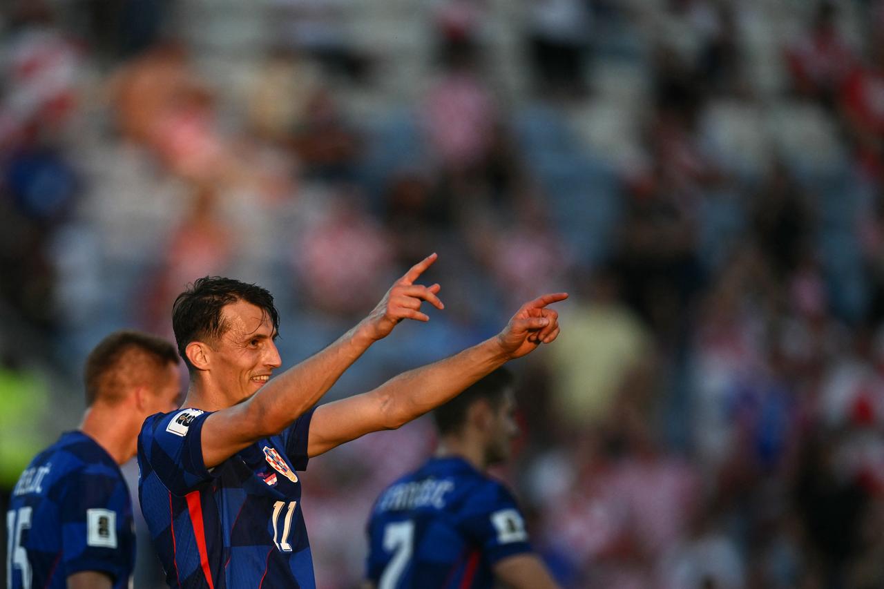 Croatias forward #11 Ante Budimir celebrates scoring his teams second goal during the 2026 World Cup Group L qualifier football match between Gibraltar and Croatia, at Algarve Stadium in Loule, Faro district, on June 6, 2025. (AFP Photo)