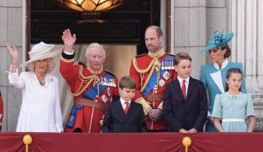 King Charles III, Queen Camilla and the Wales family on the balcony of Buckingham Palace during Trooping the Colour today