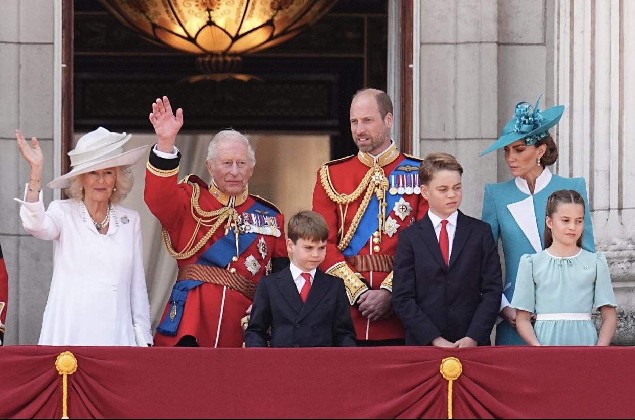 King Charles III, Queen Camilla and the Wales family on the balcony of Buckingham Palace during Trooping the Colour today
