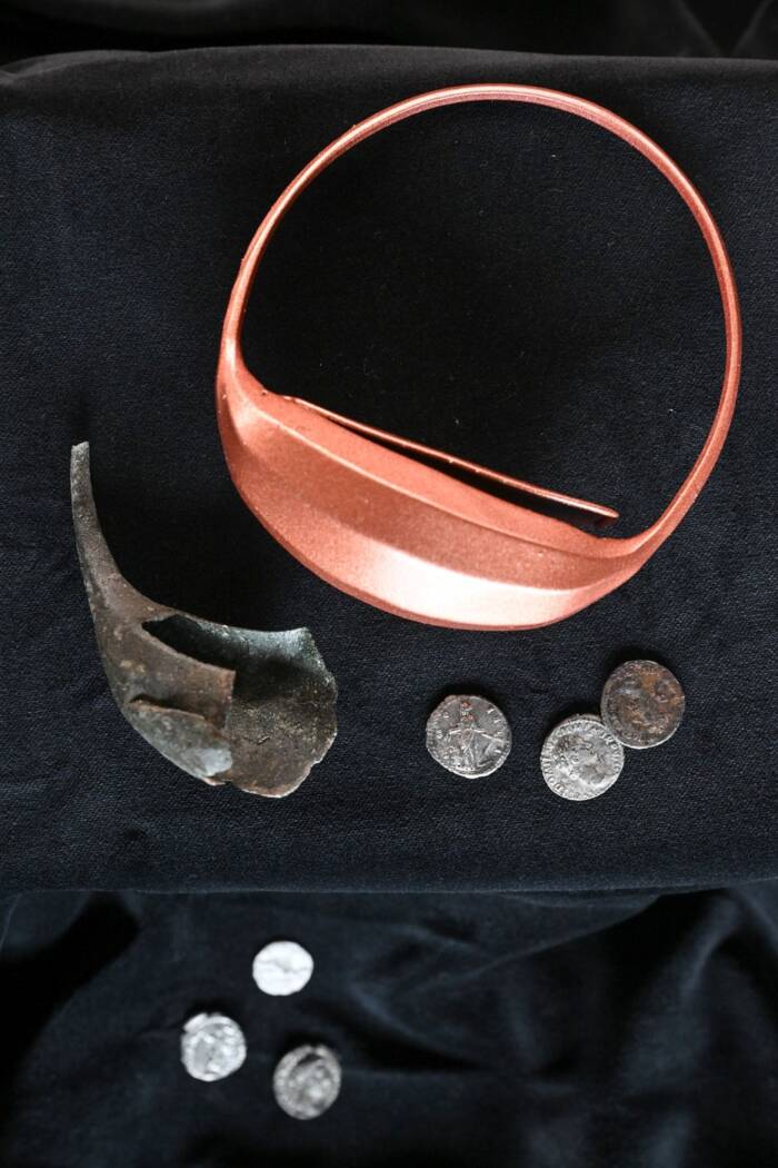 Bronze Roman Wrist Purse And Coins