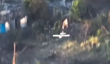 Ukrainian soldier randomly shoots twice at a Russian drone (likely a Molniya) and luckily downs it. Date and location unknown.