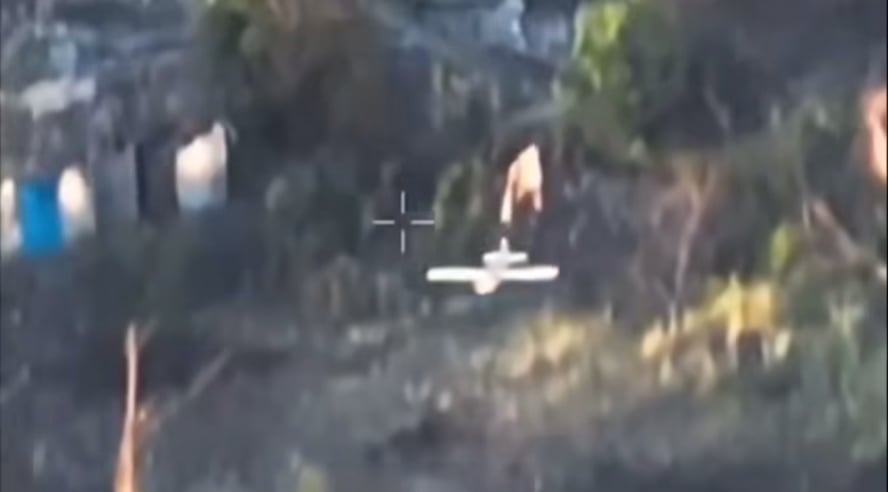Ukrainian soldier randomly shoots twice at a Russian drone (likely a Molniya) and luckily downs it. Date and location unknown.