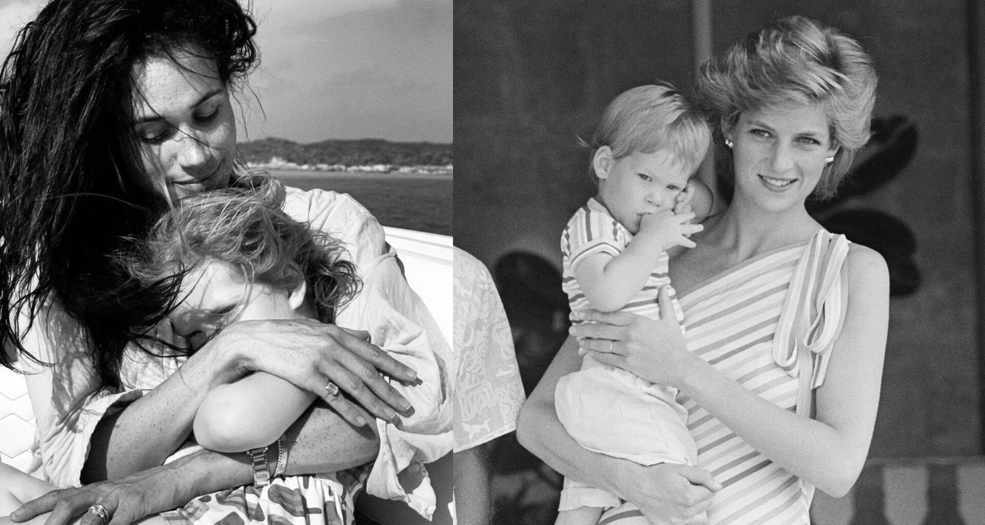 Meghan Markle hugging Princess Lilibet on a boat next to a photo of Princess Diana holding young Prince Harry