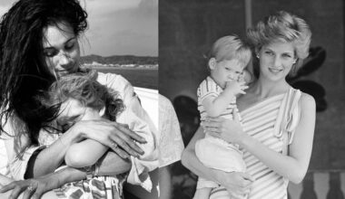 Meghan Markle hugging Princess Lilibet on a boat next to a photo of Princess Diana holding young Prince Harry