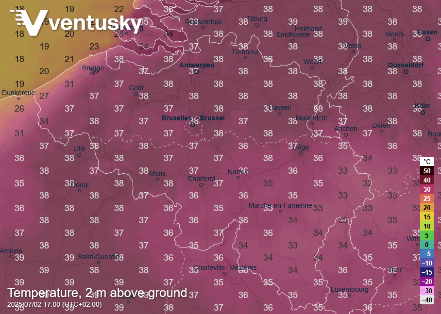 Temperature map for Wednesday: temperatures in many places will reach 38 °C