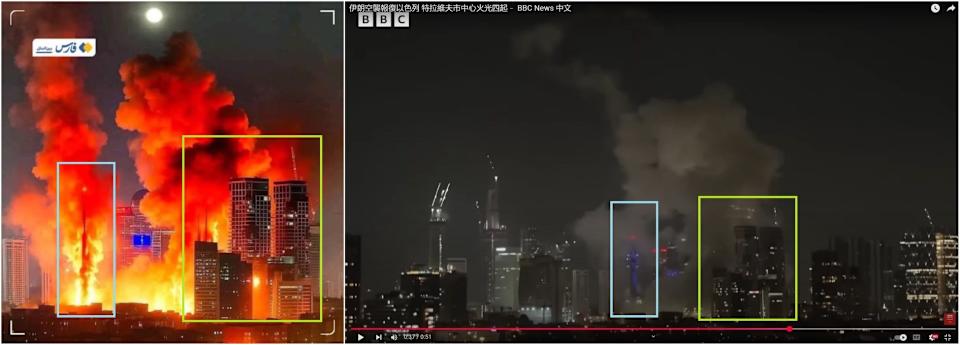 <span>Screenshot comparison of the circulating image (left) and the BBC footage (right), with corresponding buildings highlighted by AFP</span>