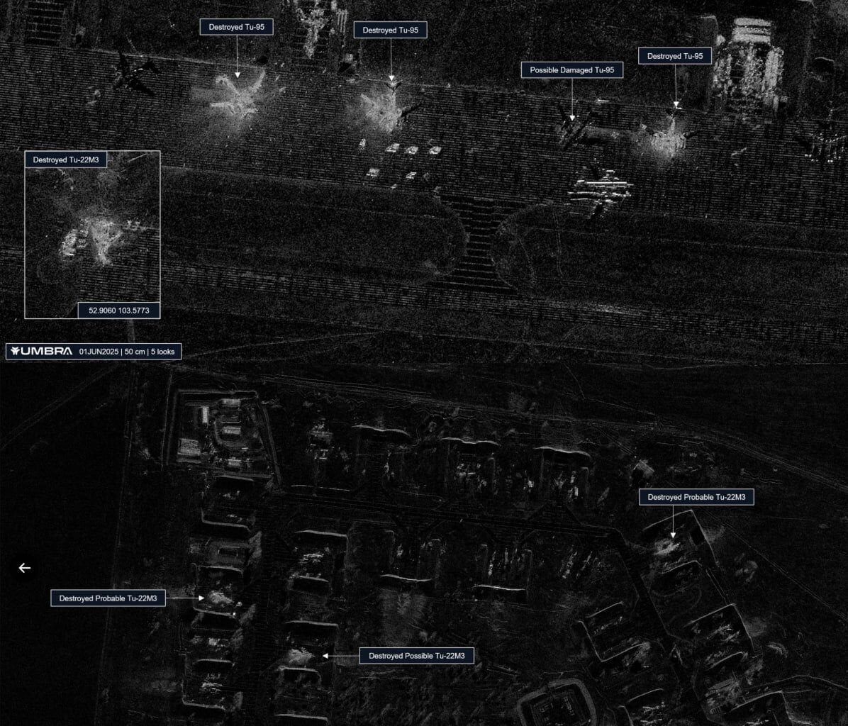 Aircraft visually confirmed hit in Operation Spiderweb by Ukraine 🇺🇦 on June 1, 2025: 7× Tu-95 destroyed, 2× Tu-95 damaged, 4× Tu-22M3 destroyed, 1× A-50 or Il-76 damaged, 1× An-12 destroyed. Total: 16 aircraft damaged/destroyed.