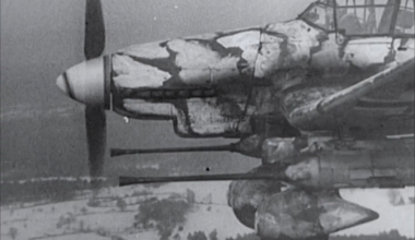 Junkers Ju 87 G "Kanonenvogel" armed with a pair of 3.7cm Bordkanone in action against Soviet vehicles over the Eastern Front circa early 1945