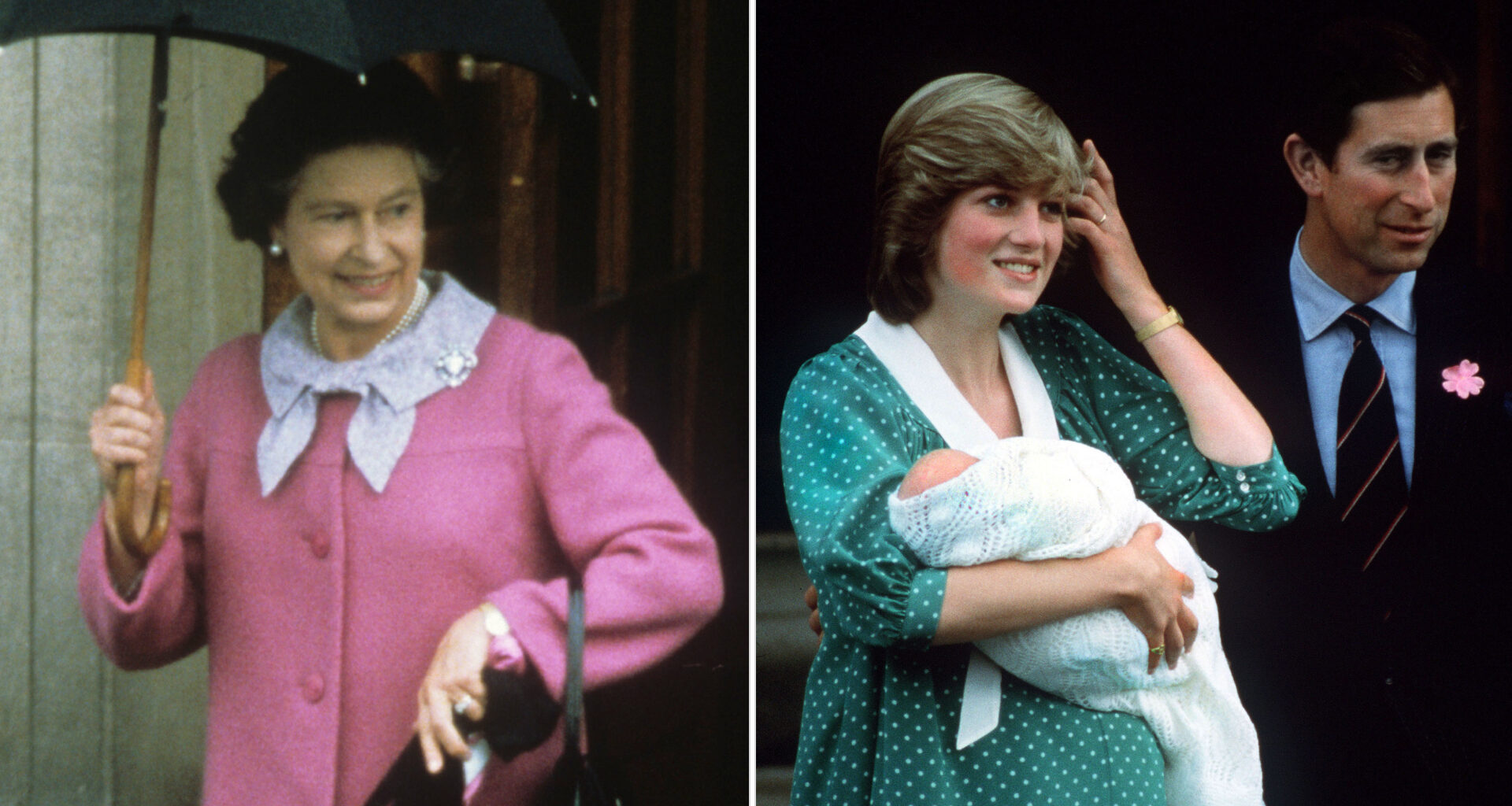 Princess Diana holds baby Prince William outside the Lindo Wing in June 1982 after giving birth, alongside King Charles and Queen Elizabeth