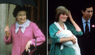 Princess Diana holds baby Prince William outside the Lindo Wing in June 1982 after giving birth, alongside King Charles and Queen Elizabeth