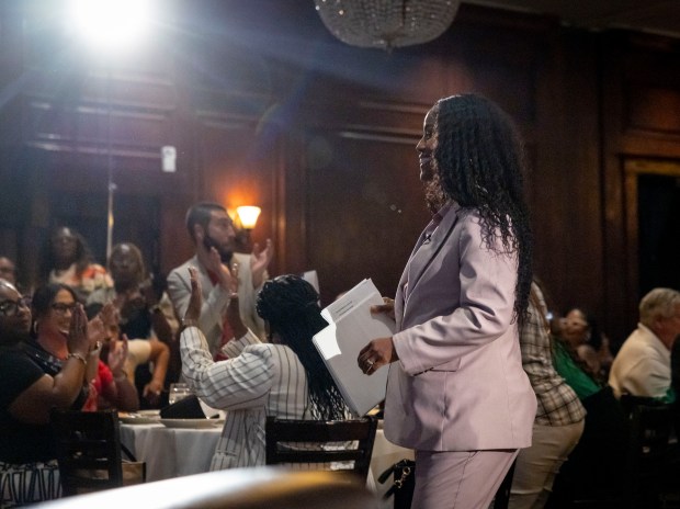 Chicago Teachers Union President Stacy Davis Gates takes the stage on June 23, 2025, at the City Club. (Brian Cassella/Chicago Tribune)