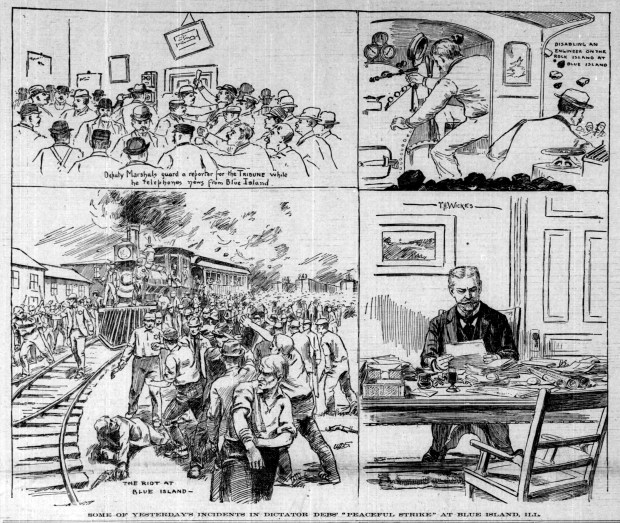 The front page of the July 3, 1894, Chicago Daily Tribune showed political cartoons with scenes from the Pullman Strike in 1894. (Chicago Tribune)