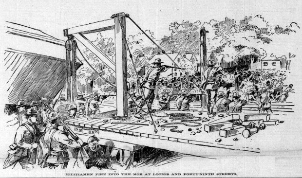 A large, front page illlustration on the July 8, 1894, Chicago Daily Tribune showed "Militiamen fire into the mob at Loomis and Forty-ninth Streets" during the Pullman Strike. (Chicago Tribune)
