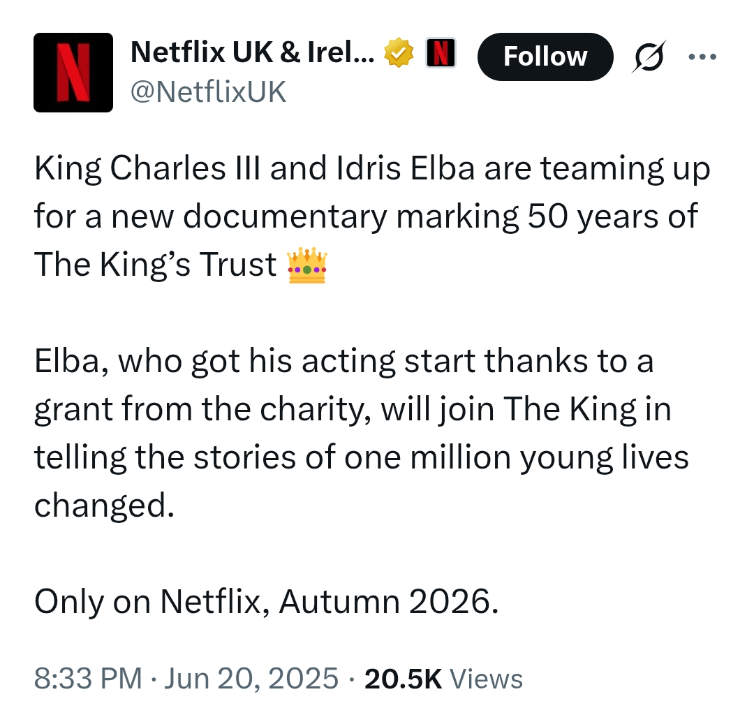 Charles is teaming up with Netflix and Idris Elba!