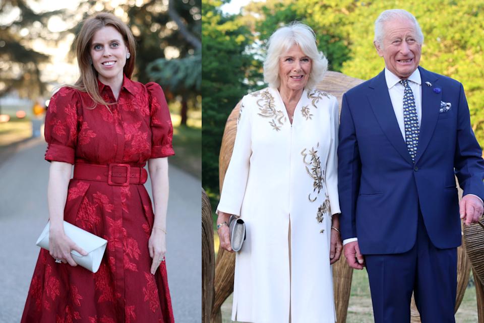 Princess Beatrice of York, Queen Camilla and King Charles attend The Elephant Family Evening of Art and Conservation at Kew Gardens on May 13, 2025 in London, England