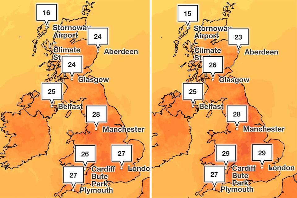 An indication of where temperatures will be hottest today, though maximum highs are likely to exceed these. (Met Office)