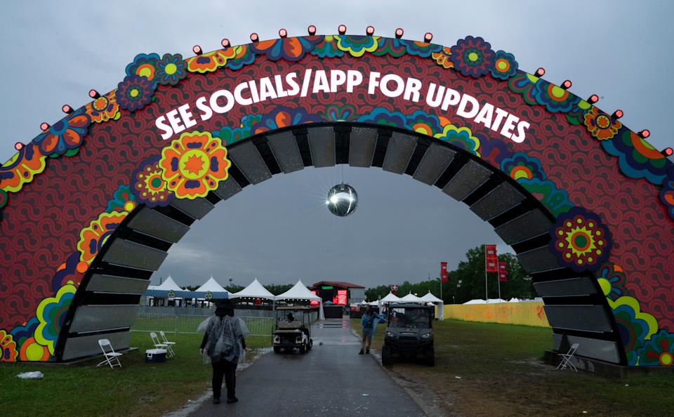 The Bonnaroo entrance is closed due to heavy rains with festival attendees hoping to resume the four-day party during the second day of Bonnaroo Music & Arts Festival at The Farm in Manchester, Tenn., Friday, June 13, 2025. The festival was canceled by organizers a short time later.