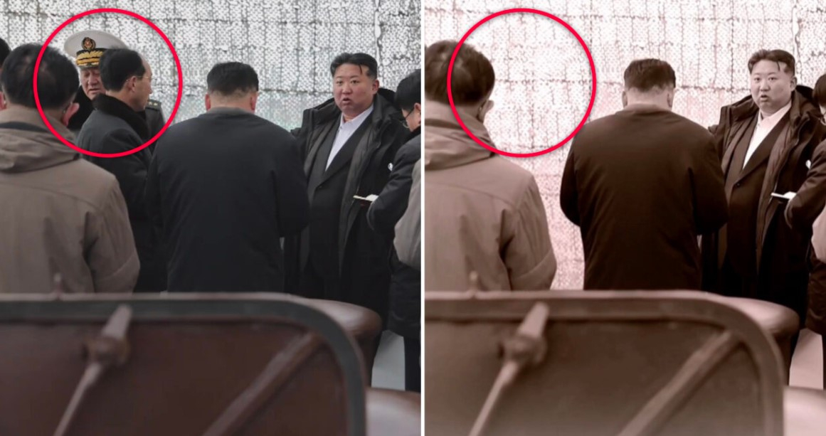 This composite image compares the original, left, and edited versions of an image during the inspection of a then under-construction warship by North Korean leader Kim Jong-un, right in both images, in March. The red circle in the original image shows the former North Korean chief naval commander, Kim Myong-sik, in military attire, and manager of the Chongjin Shipyard, Hong Kil-ho, looking on as Kim speaks, while the edited image — captured from the North's official Korean Central Television footage aired on June 13 — shows both men to have been digitally removed, in a photo captured from NK News. [SCREEN CAPTURE]