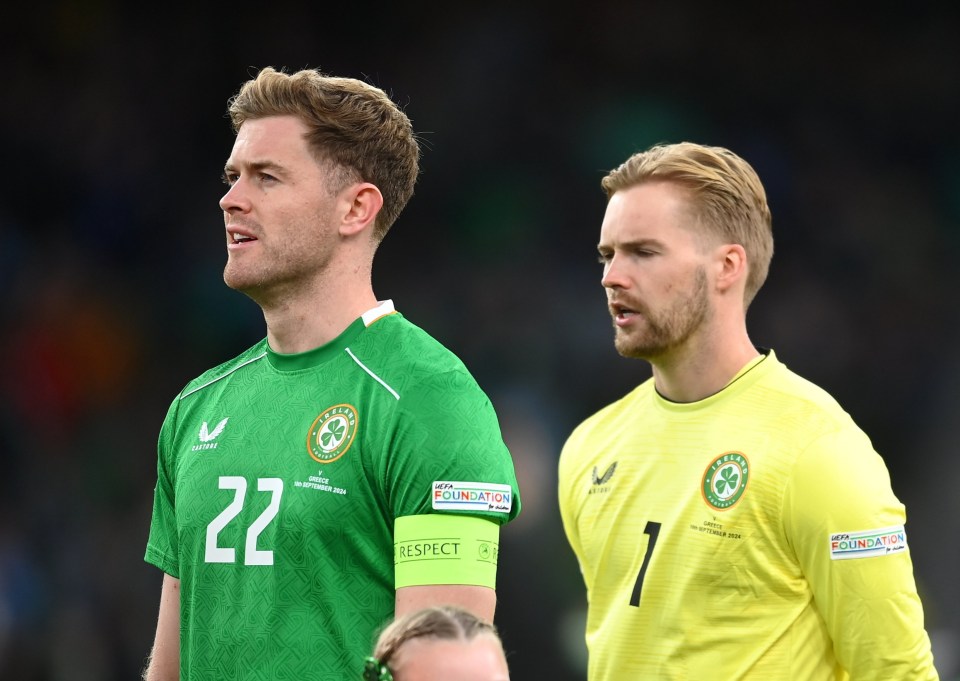 10 September 2024; Republic of Ireland players, from left, captain Nathan Collins, goalkeeper Caoimhin Kelleher and Andrew Omobamidele during the playing of Amhrán na bhFiann before the UEFA Nations League B Group 2 match between Republic of Ireland and Greece at Aviva Stadium in Dublin. Photo by David Fitzgerald/Sportsfile