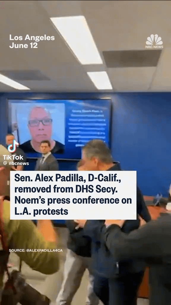 California Sen. Alex Padilla was forcibly removed from a news conference in Los Angeles and detained after trying to question Homeland Security Secretary Kristi Noem. 😡🤬🤬🤬🤬🤬🤬🤬