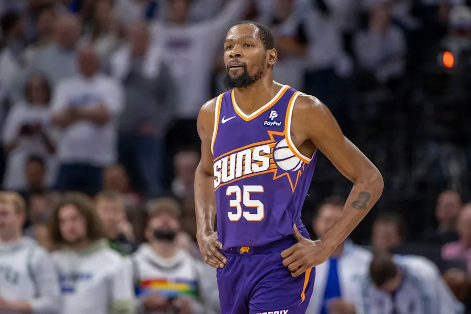 Phoenix Suns forward Kevin Durant (35) looks on against the Minnesota Timberwolves at Target Center. Jesse Johnson-Imagn Images