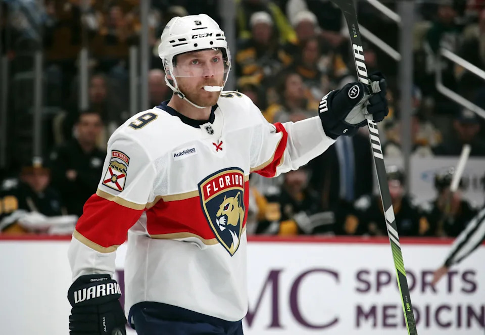 Florida Panthers center Sam Bennett (9) reacts after scoring a goal against the Toronto Maple Leafs.Charles LeClaire-Imagn Images