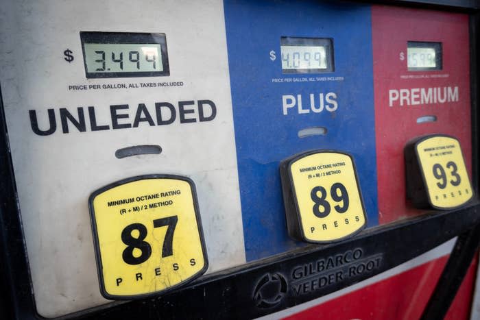 Gas pump showing prices: Unleaded $3.49, Plus $4.09, Premium $4.19. Octane ratings: Unleaded 87, Plus 89, Premium 93