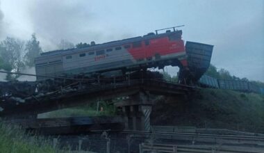 A Russian cargo train after it had derailed - when a bridge collapsed in the Kursk Oblast. This marks the third major incident on the Russian railway network in 36 hours.