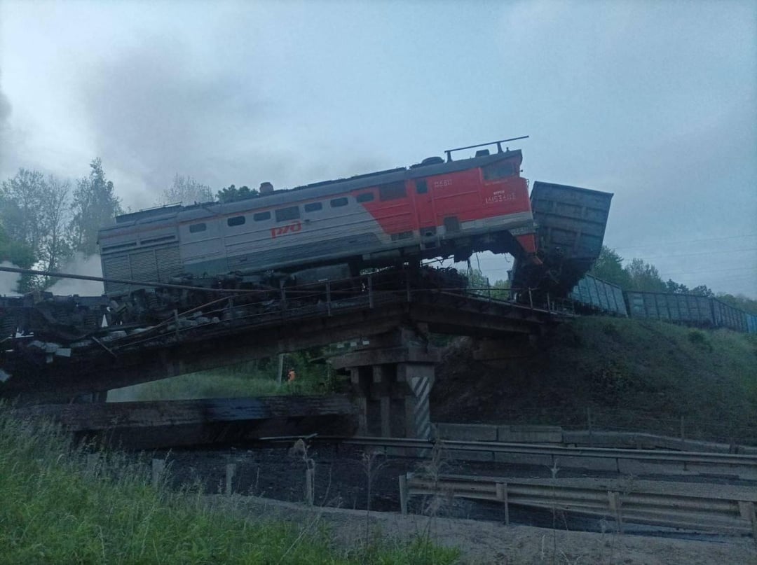 A Russian cargo train after it had derailed - when a bridge collapsed in the Kursk Oblast. This marks the third major incident on the Russian railway network in 36 hours.