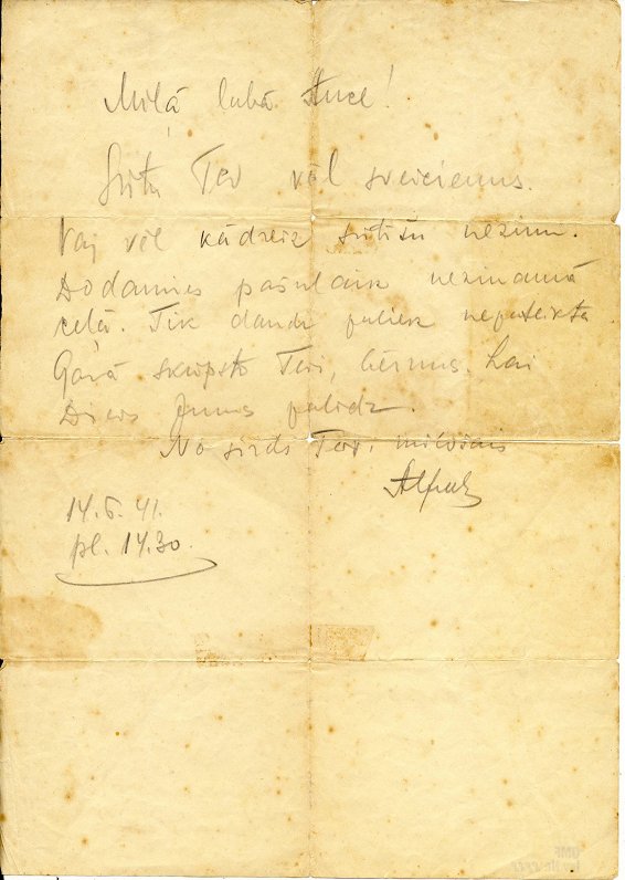 Alfred Platt's note to his wife Anna thrown from a deportation wagon on June 14, 1941