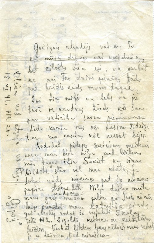 A note thrown from a train by deported Pēteris Lejas to his friend Daila on June 14, 1941