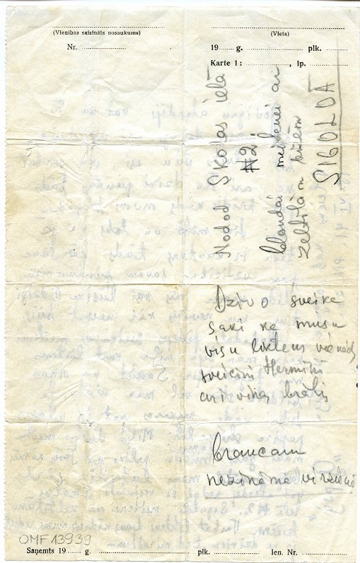 A note thrown from a train by deported Pēteris Lejas to his friend Daila on June 14, 1941