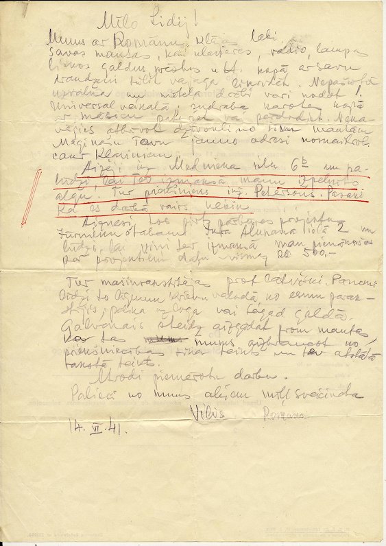 Letter from deported Vilis Sniķeris to his wife Lidija, dated June 14, 1941