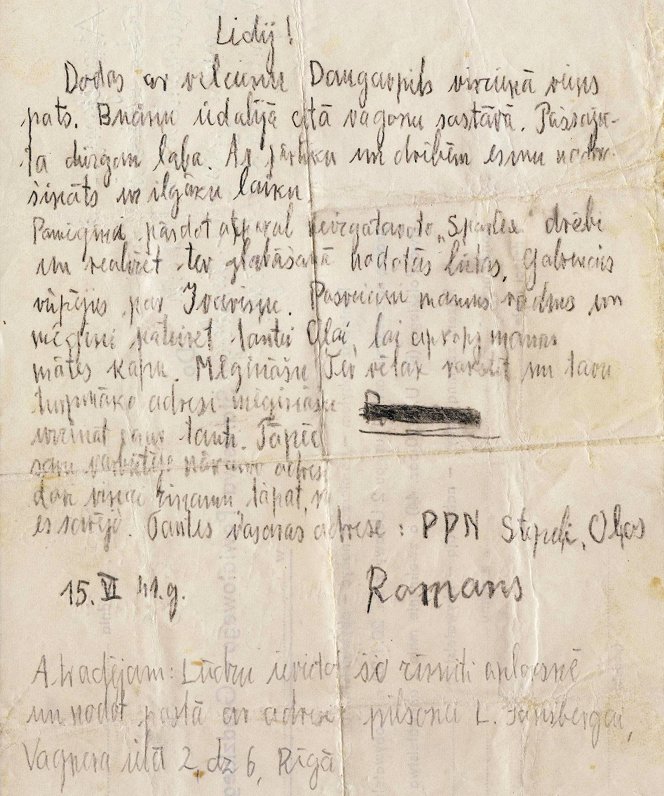 Letter from deported Romanas Sniķeris to his foster mother Lidija, dated June 14, 1941
