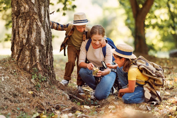 A woman and two young kids inspect some foliage while on a hike in a forest
