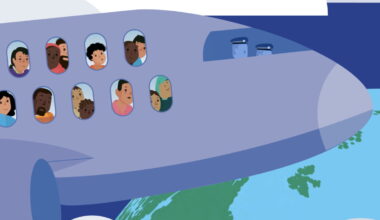 Illustration: Menschen schauen aus einem Flugzeug