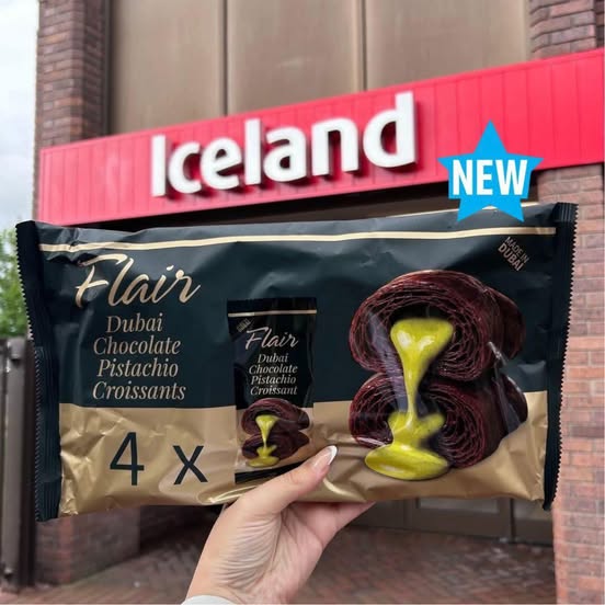 Package of four Dubai chocolate pistachio croissants from Iceland.